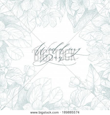 Vector floral backdrop. Blooming garden trees. Botanical Illustration engraving style. Light blue tone. For lovers card, invitation, wedding, brides