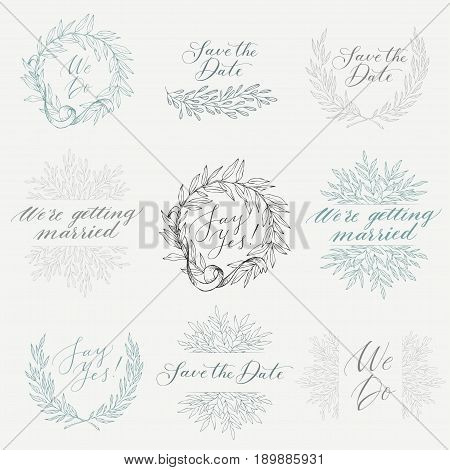 Linear sketch wedding elements for invitation template or logo, with leaf and ribbons. Vector set of hand-drawn. Wreath, phrases, calligraphy.