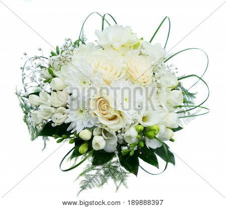 White wedding bouquet with roses isoltaed on white background