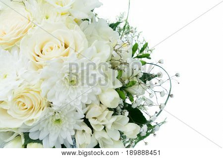 White wedding bouquet border with roses isoltaed on white background