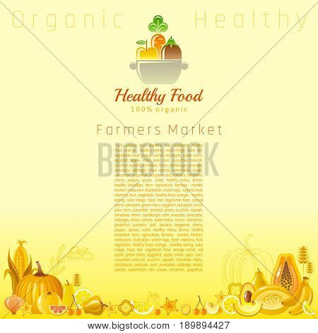 Yellow autumn farmers market fruit and vegetable vector. Food icons, text lettering cooking pan logo, oragnic diet icon. Fruits - pear, melon, cherry, lemon. Vegetables - corn, onion, cereals, apple
