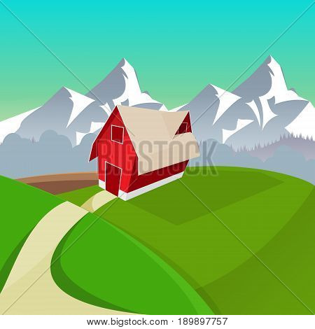 Mountain countryside landscape with red farm barn cartoon vector illustration.