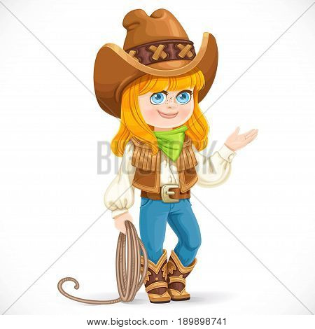 Cute girl in cowboy suit is holding a lasso isolated on white background