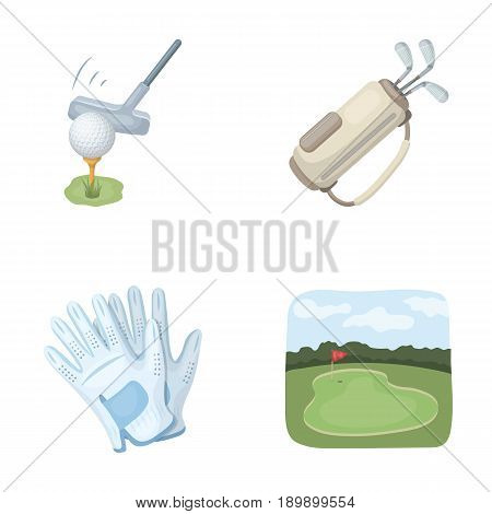 A ball with a golf club, a bag with sticks, gloves, a golf course.Golf club set collection icons in cartoon style vector symbol stock illustration .