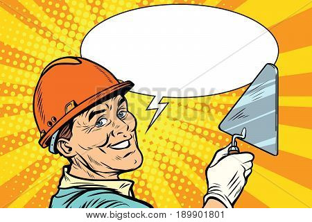 Builder repairman with the tool trowel. joyful professional smile. Pop art retro vector illustration