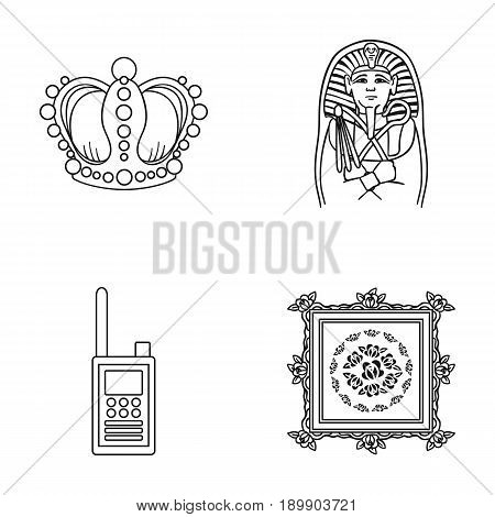 Crown, sarcophagus of the pharaoh, walkie-talkie, picture in the frame.Museum set collection icons in outline style vector symbol stock illustration .
