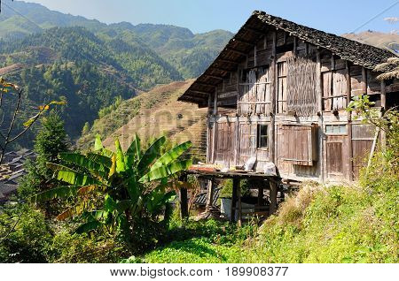 Wooden houses in the Longsheng village near Guilin Guanxi province China
