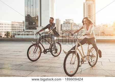 Romantic Couple With Bicycles In The City