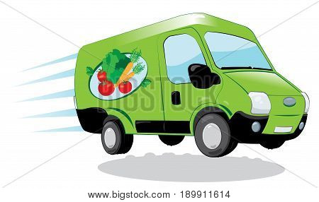 a vector cartoon representing a funny and fast green fresh food delivery van - fresh vegetables and fruit express delivery concept