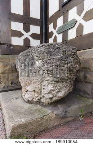 King Arthur's stone or Maen Huail (in Welsh) in Ruthin Wales with the medieaval legend "Maen Huail on which tradition states King Arthur beheaded Huail brother of Gildas the historian"