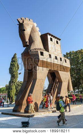 Canakkale Turkey - October 30 2016: Replica of wooden Trojan horse in ancient city Troy. It is tale from the Trojan War about the subterfuge