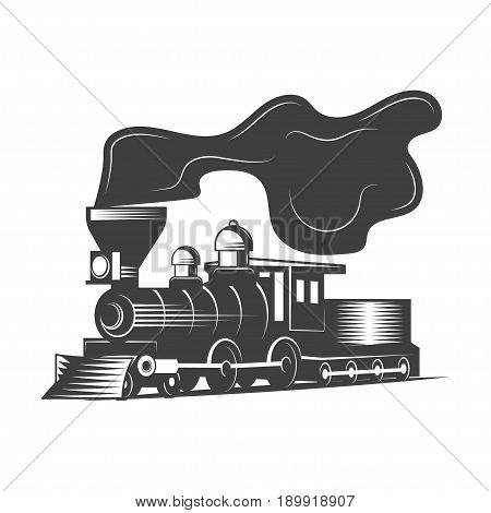 Locomotive vector illustration in monochrome vintage style. Design element for logo, label, emblem.