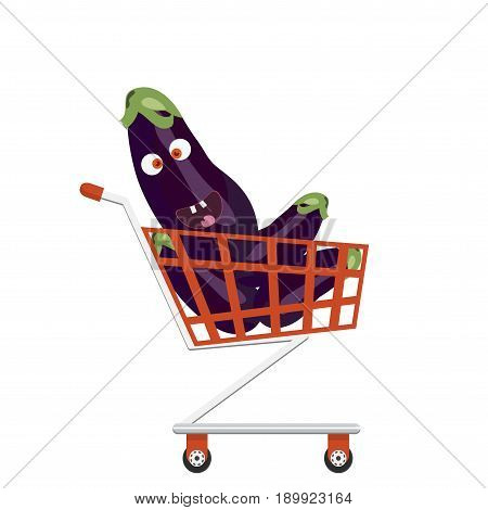 Shopping trolley full of eggplants. Brinjal character face. Smiling eggplant in a shopping cart.