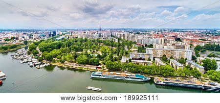 Aerial panorama of Strasbourg city center with a river - France, Bas-Rhin
