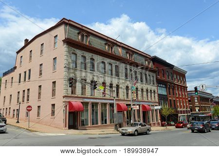 BANGOR, ME, USA - MAY 20, 2016: Adams-Pickering Block at Main Street and Middle Street intersection in downtown Bangor, Maine, USA. This building was listed on the National Register of Historic Places.
