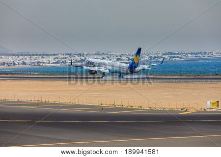 Arecife, Spain - April, 16 2017: Boeing 757-300 Of Condor With The Registration D-abom Landing At La