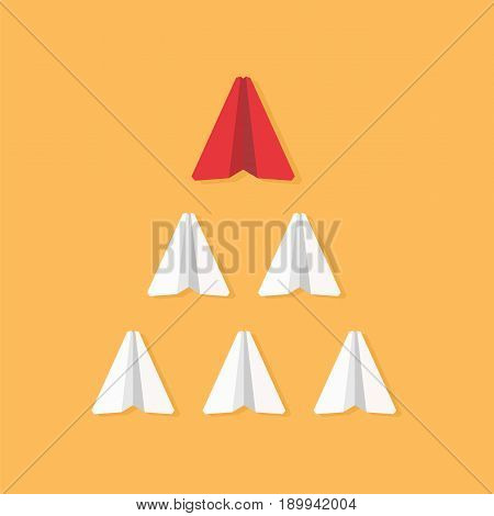 Leadership concept. Red paper plane leading white airplanes. Success winner abstract vector illustration.