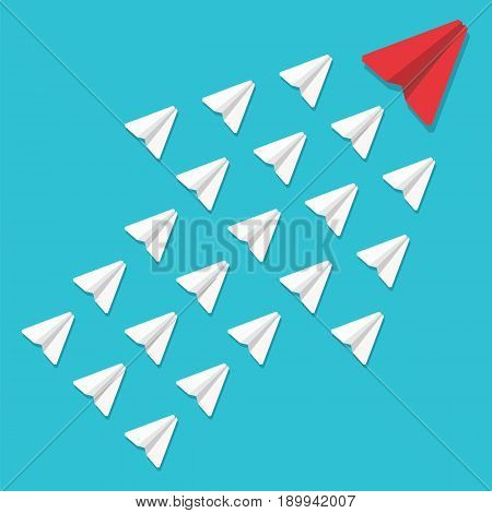 Leadership concept. Red paper plane leading white airplanes. Success winner abstract vector illustration.