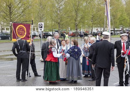 VERDAL NORWAY - MAY 17 2017: National day in Norway. Norwegians at traditional celebration and parade on may 17 2017 in Verdal. People on parde before school in Verdal. Constitution Day is the National Day of Norway and is an official national holiday obs