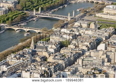 Aerial view from Eiffel Tower on Seine River - Paris France.