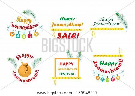 Happy Krishna Janmashtami set of typography with pot, peacock feather, flute. Indian holiday. Vector illustration