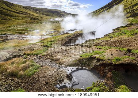 Boiling water and mud in the Reykjadalur valley in South Iceland
