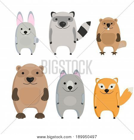 Collection of cute cartoon forest animals. Vector illustration isolated on white - stock vector.
