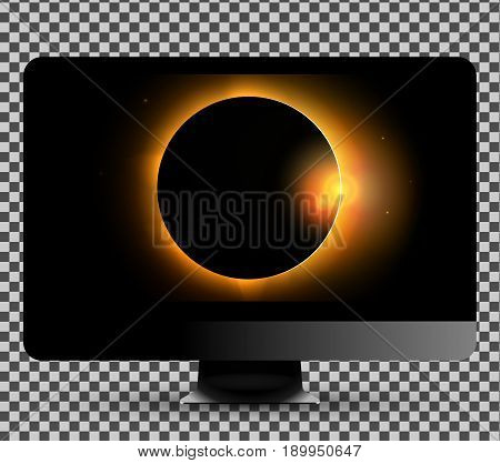 Vector illustration on the new black modern computer monitor showing sun eclipse picture on the screen