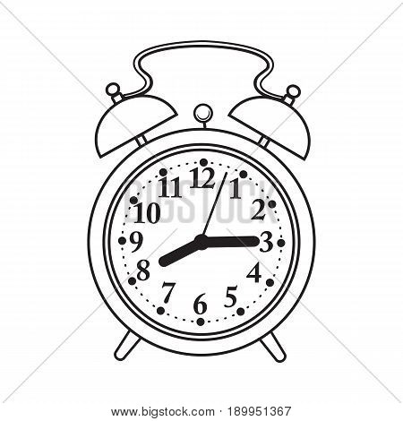 Retro style analog alarm clock, black and white sketch style vector illustration isolated on white background. Realistic hand drawing of analog retro, vintage alarm clock with two bells