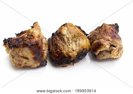 Grilled Shish Kebab Or Shashlik On Skewers Closeup On White Background