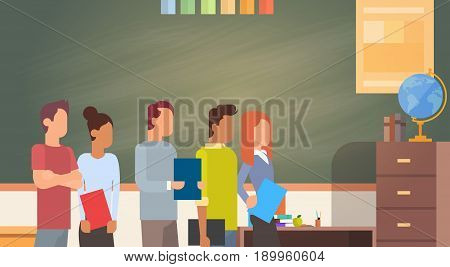 Mix Race Student Group Over Green Blackboard Holding Books University Education Flat Vector Illustration