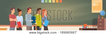 Mix Race Student Group Over Green Blackboard Holding Books University Education Flat Vector Illustration