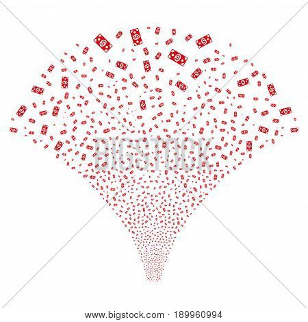 Source stream of banknote icons. Vector illustration style is flat red iconic symbols on a white background. Object stream combined from random symbols.