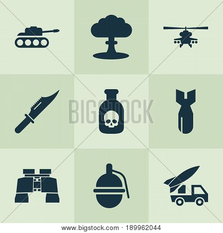 Army Icons Set. Collection Of Panzer, Rocket, Glass And Other Elements. Also Includes Symbols Such As Panzer, Grenade, Ordnance.