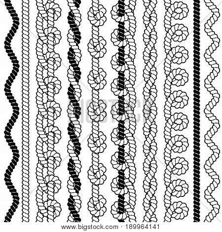 Set of black and white vector seamless borders with ropes