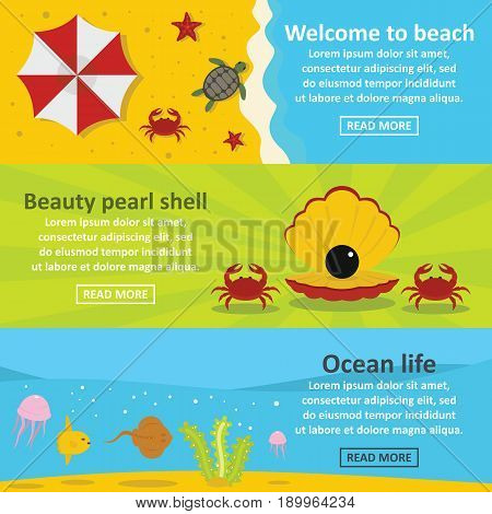 Ocean life banner horizontal concept set. Flat illustration of 3 Ocean life vector banner horizontal concepts for web