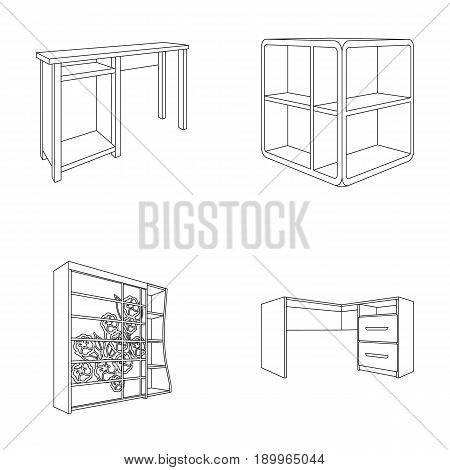 Dressing table, corner shelves, computer desk, wardrobe with glass. Bedroom furniture set collection icons in outline style vector symbol stock illustration .