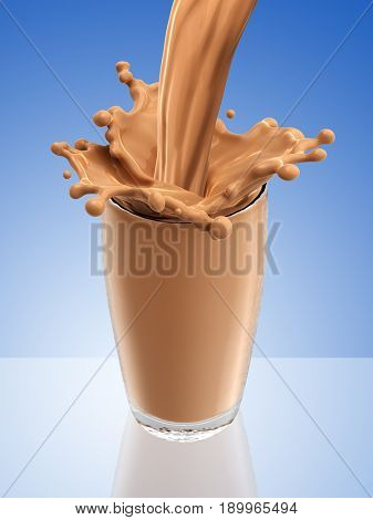 Splash of chocolate milk from the glass .Blue background. 3d rendering