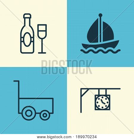 Tourism Icons Set. Collection Of Freight Trolley, Sail Ship, Wine And Other Elements. Also Includes Symbols Such As Clock, Champagne, Street.