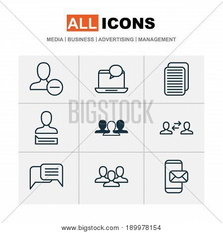 Social Icons Set. Collection Of Remove User, Phone Messaging, Chatting Person And Other Elements. Also Includes Symbols Such As New, Mailing, Unity.
