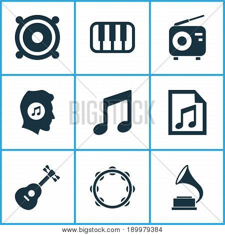 Audio Icons Set. Collection Of Octave, Tuner, Meloman And Other Elements. Also Includes Symbols Such As File, Phonograph, Playlist.