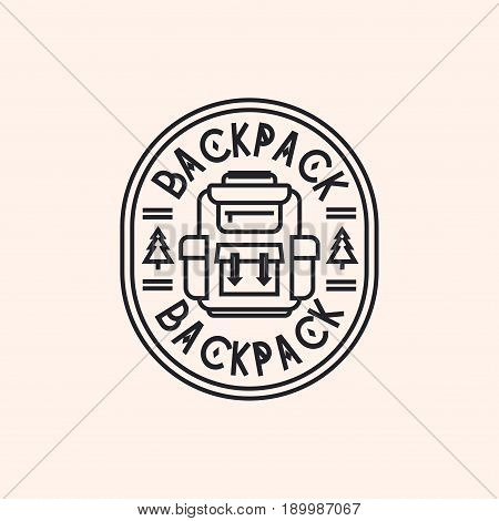 Backpack logo consisting of packsack and fir tree line style isolated on background for camping emblem, tourist symbol, travel badge, hiking sticker, expedition label, poster, banner, design t-shirt