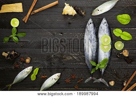 Fresh skipjack tuna fish on dark black background Fish with spices and vegetables cooking background concept