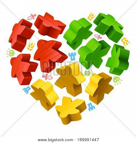 Vector multicoloured game pieces in the shape of heart. Red, yellow and green wooden meeples, and resources counter icons isolated on white background. Concept of love by board games