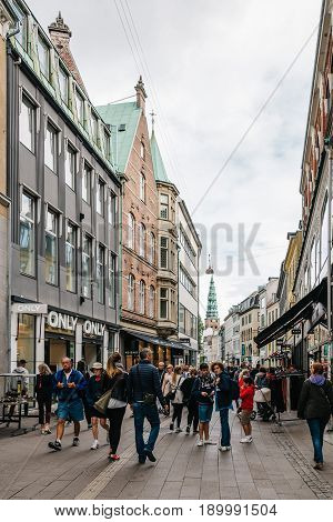 Copenhagen Denmark - August 10 2016. Stroget Street. Commercial street in historical city centre of Copenhagen a cloudy day of summer