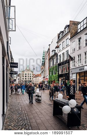 Copenhagen Denmark - August 10 2016. Stroget Street. Commercial street in historical city centre of Copenhagen a cloudy day of summer