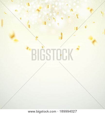 Celebration background template with confetti and gold ribbons. Vector illustration