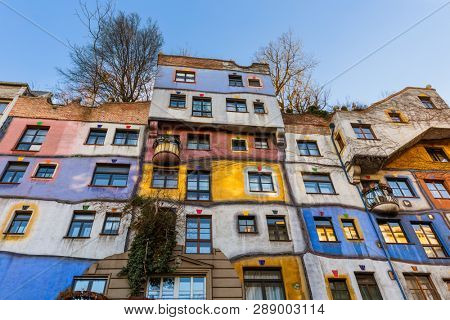 Vienna, Austria - December 29, 2016: Modern architecture Hundertwasser house in Vienna Austria.