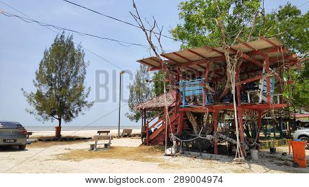 Sekinchan, Malaysia - 09 Mar, 2019: Tree House Located In Sekinchan Beach In Malaysia.