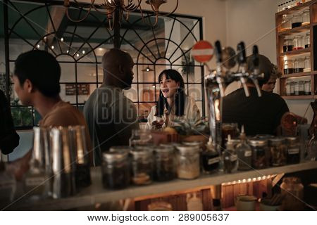 Diverse Friends Talking Over Drinks In A Bar At Night